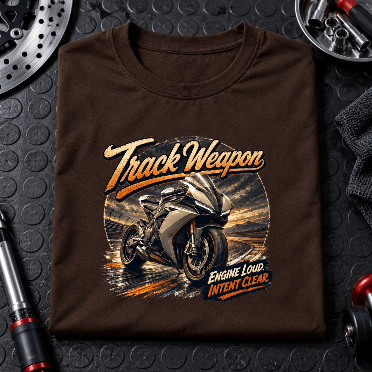 Camberline Superbike Motorcycle Graphic T-Shirt - Track Weapon Track Day brown themed garment hero