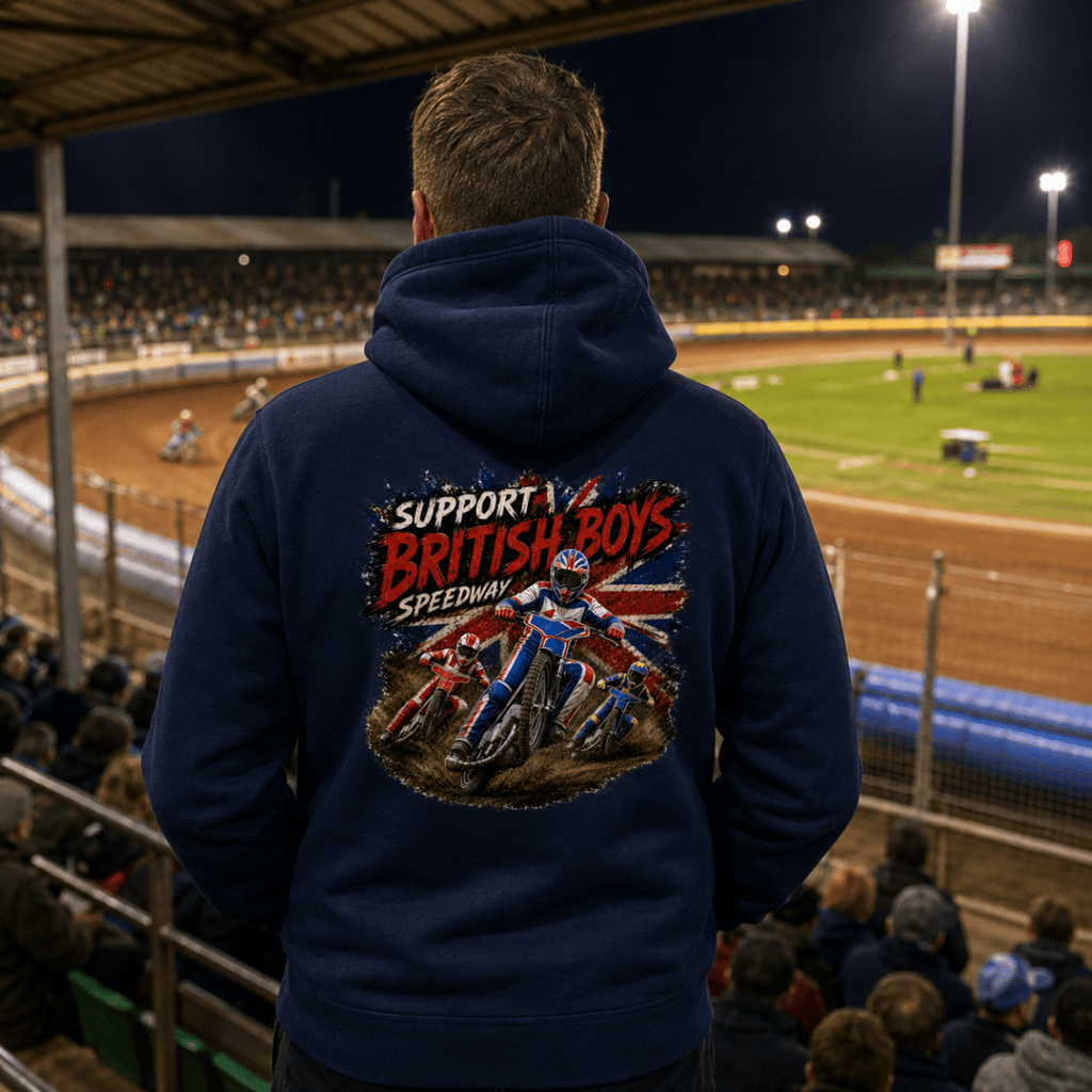 Model wearing Camberline hoodie showing Support British Boys Multi-Rider Speedway back graphic