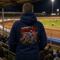 Model wearing Camberline hoodie showing Support British Boys Multi-Rider Speedway back graphic
