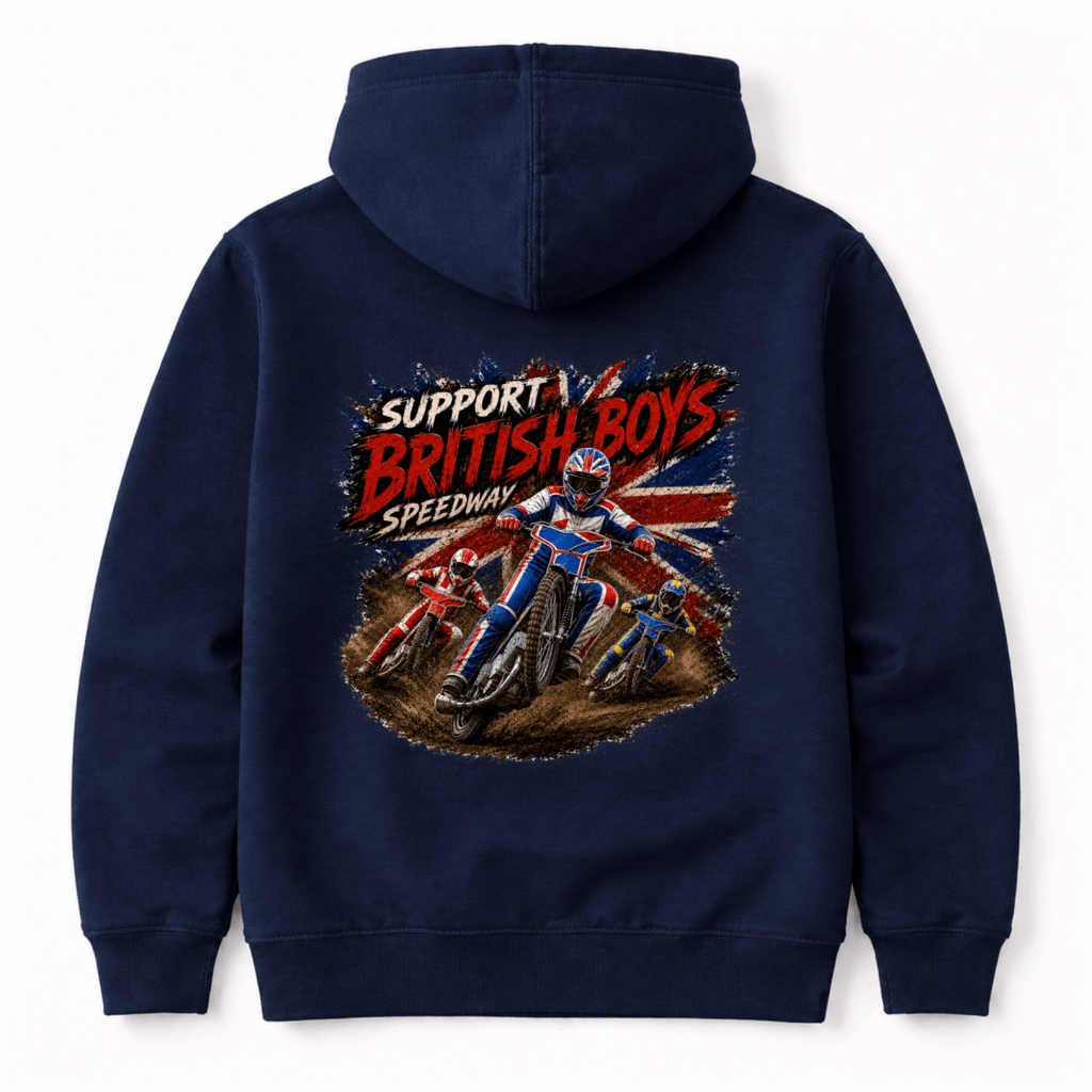 Navy Camberline hoodie showing Support British Boys Multi-Rider Speedway back graphic