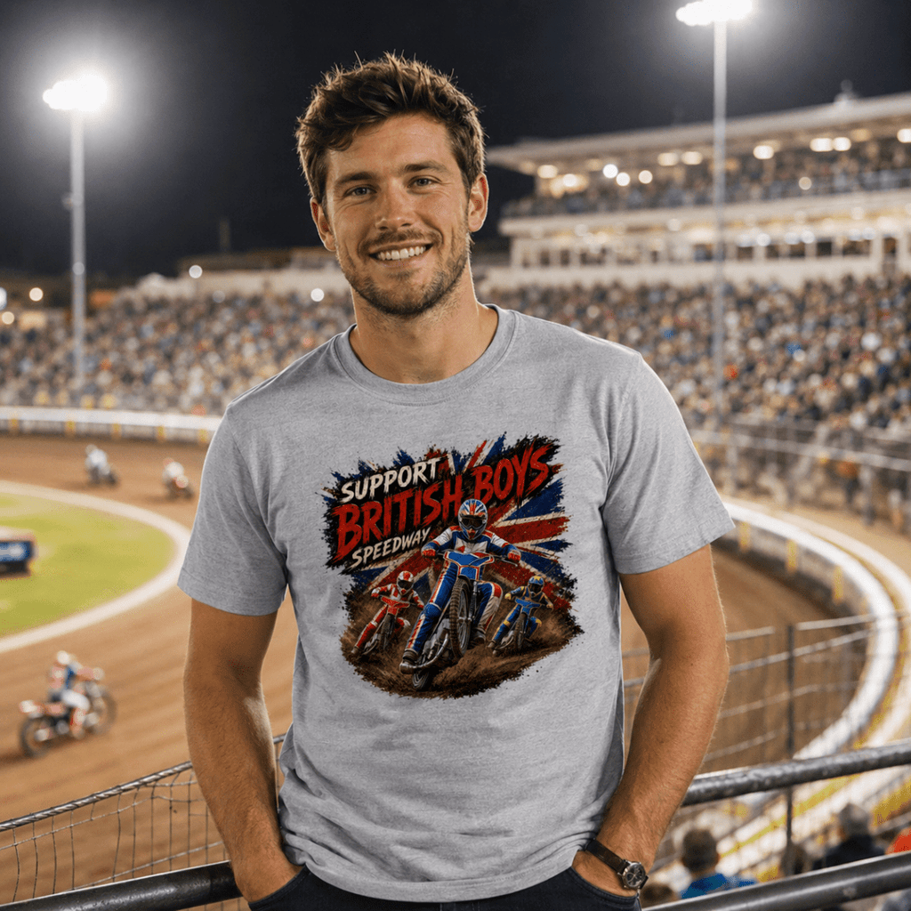 Model wearing Camberline t-shirt showing Support British Boys Speedway Racing front graphic