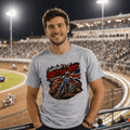 Model wearing Camberline t-shirt showing Support British Boys Speedway Racing front graphic