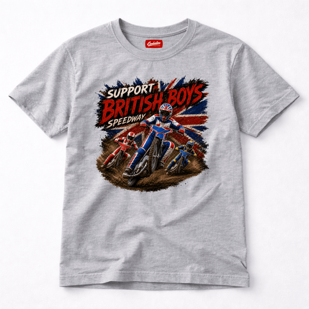 Heather Grey Camberline t-shirt showing Support British Boys Speedway Racing front graphic