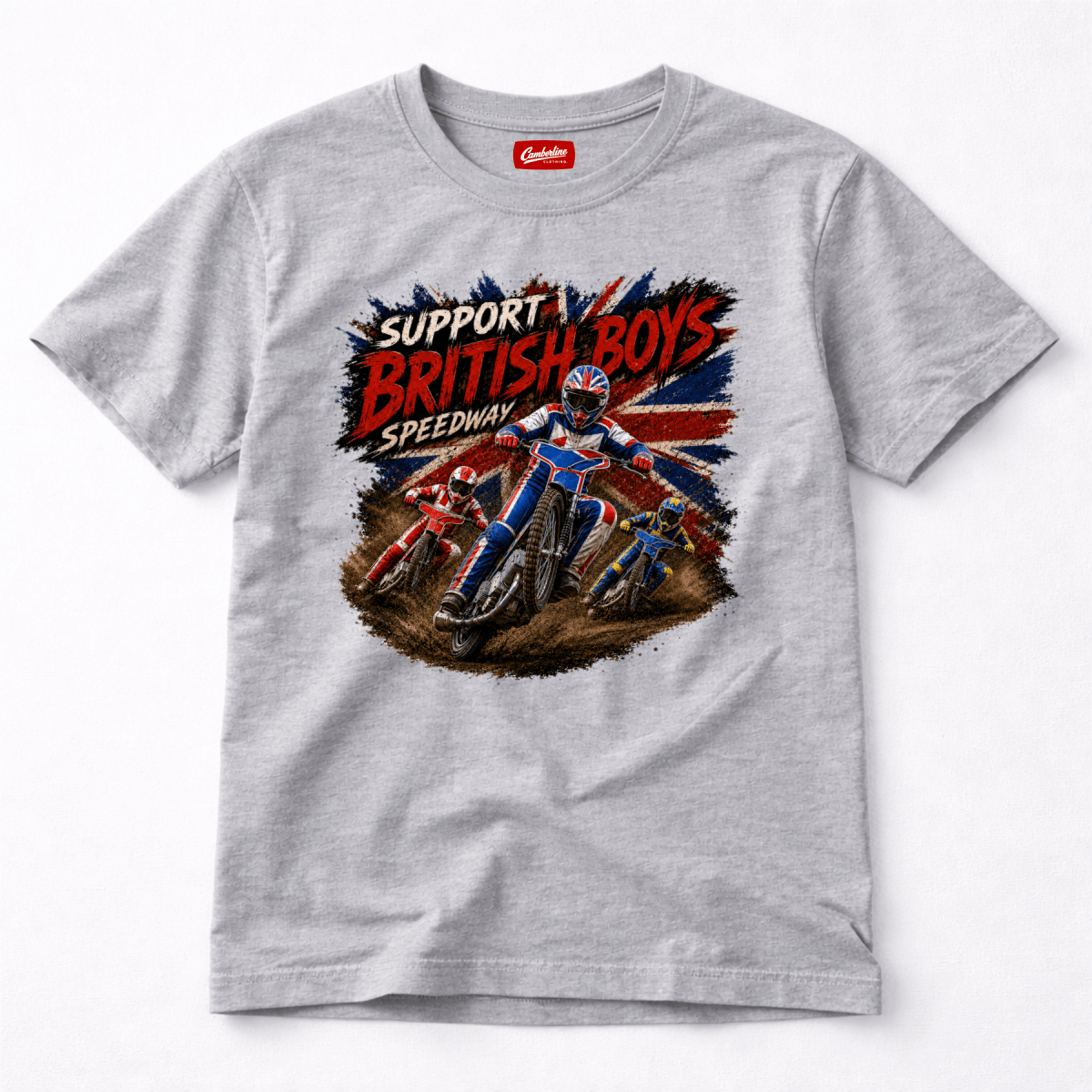Heather Grey Camberline t-shirt showing Support British Boys Speedway Racing front graphic