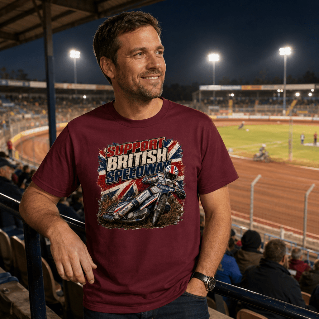 Model wearing Camberline t-shirt showing Support British Speedway Union Jack front graphic