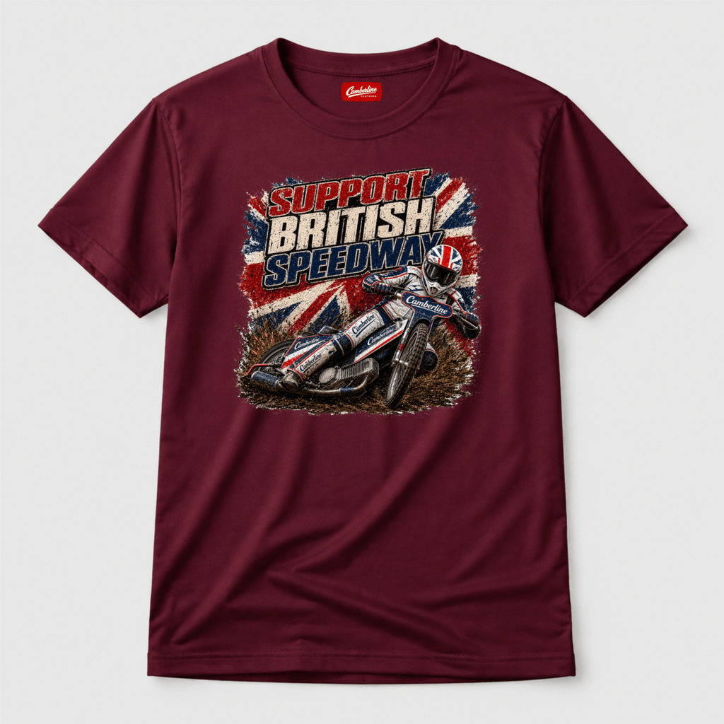Maroon Camberline t-shirt showing Support British Speedway Union Jack front graphic
