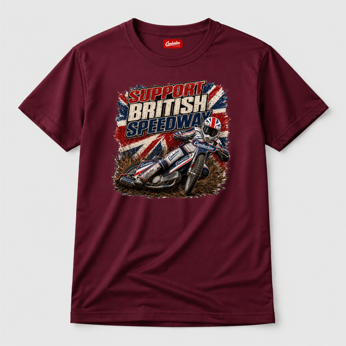 Maroon Camberline t-shirt showing Support British Speedway Union Jack front graphic