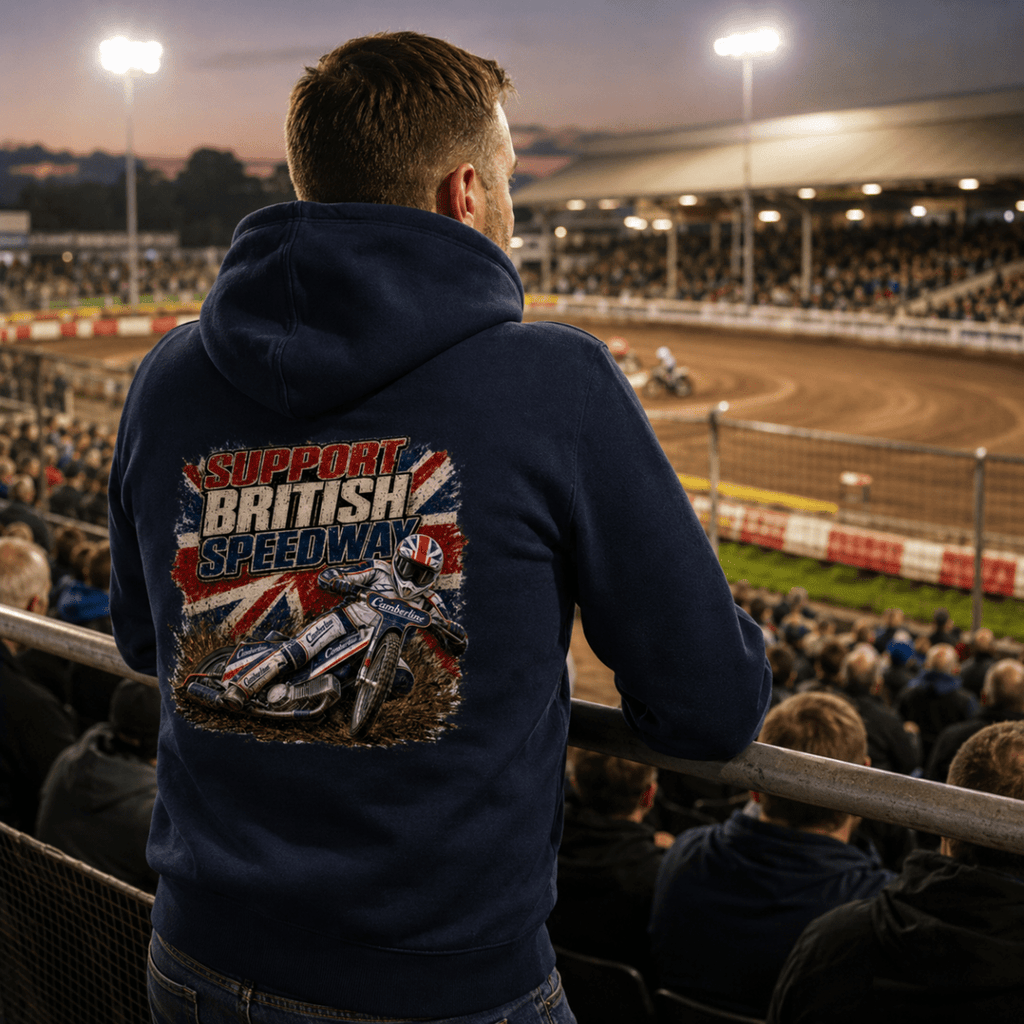 Model wearing Camberline hoodie showing Support British Speedway Union Jack back graphic