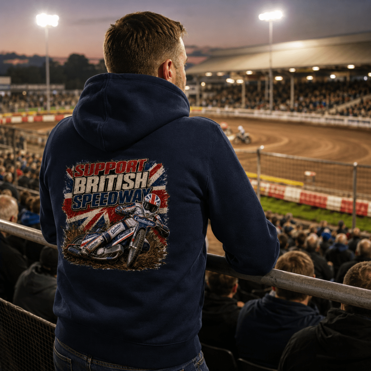 Model wearing Camberline hoodie showing Support British Speedway Union Jack back graphic