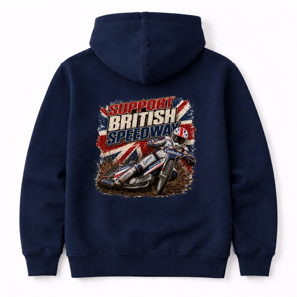 Navy Camberline hoodie showing Support British Speedway Union Jack back graphic