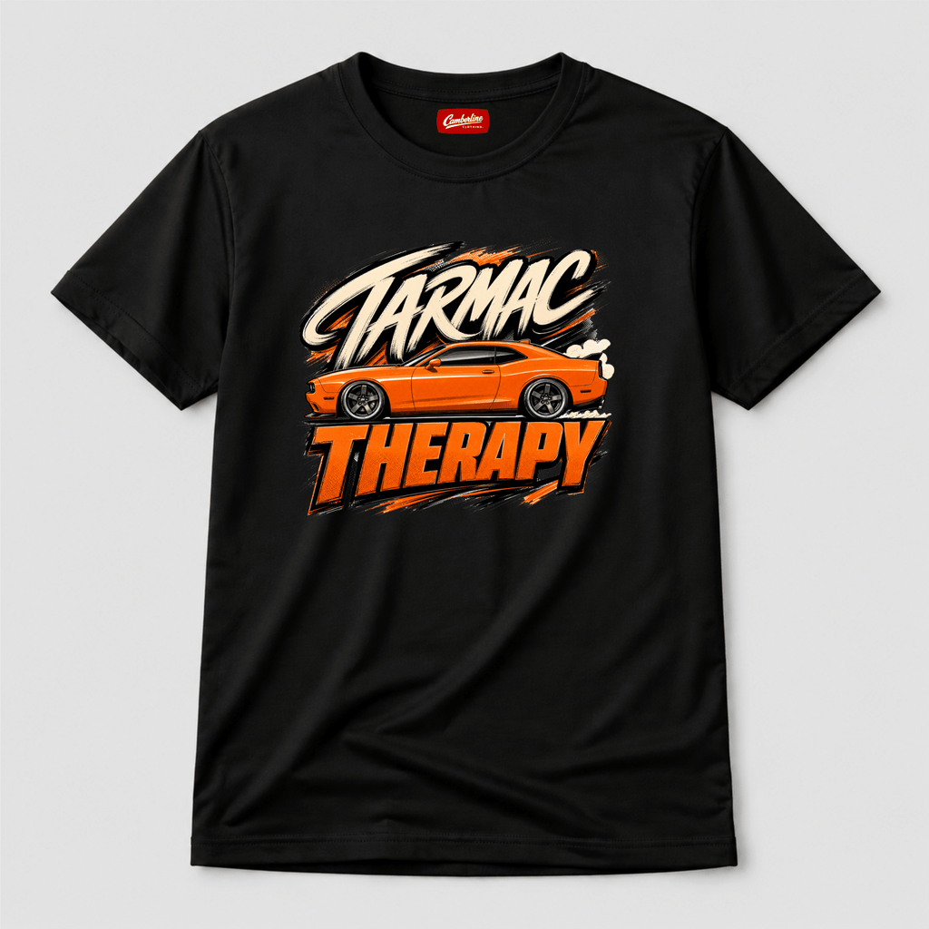 Camberline Cars Tarmac Therapy Muscle T-Shirt in Black showing front graphic