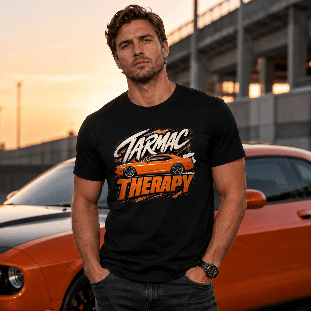 Model wearing Camberline Cars Tarmac Therapy Muscle T-Shirt in Black