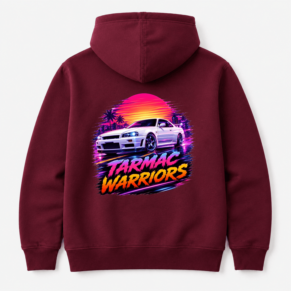 Camberline Cars Tarmac Warriors JDM Retrowave Neon Hoodie in Burgundy showing back graphic