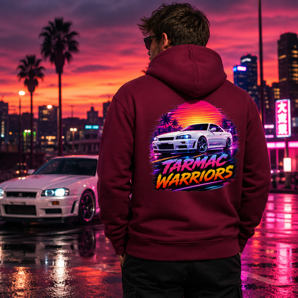 Model wearing Camberline Cars Tarmac Warriors JDM Retrowave Neon Hoodie in Burgundy