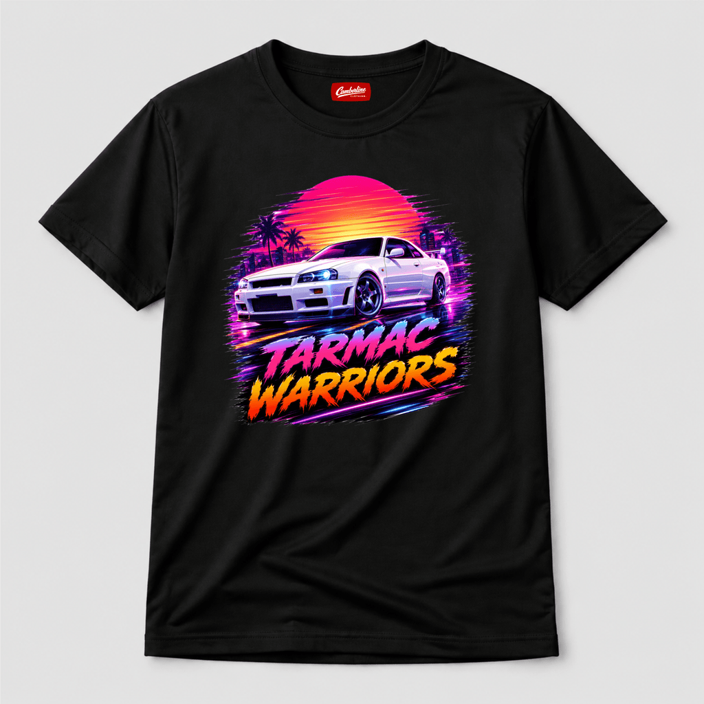 Camberline Cars Tarmac Warriors JDM Retrowave Neon T-Shirt in Black showing front graphic