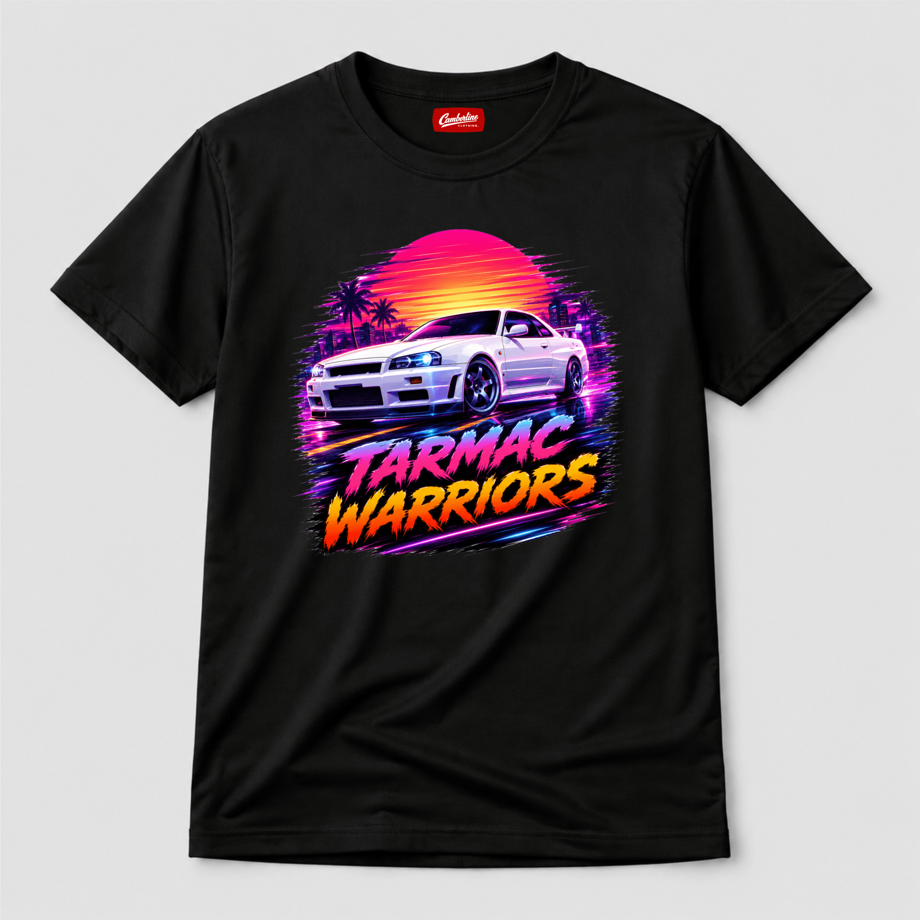 Camberline Cars Tarmac Warriors JDM Retrowave Neon T-Shirt in Black showing front graphic