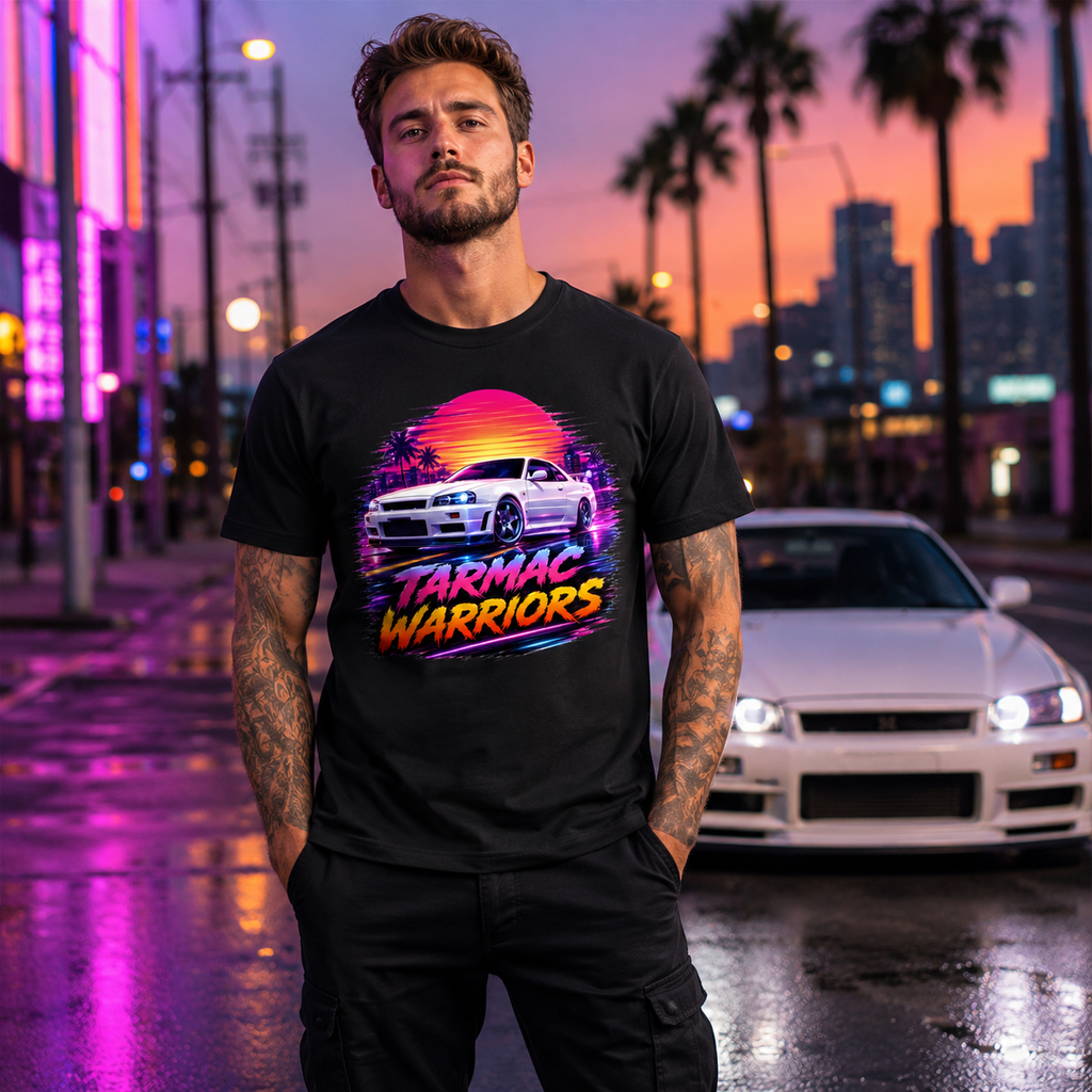 Model wearing Camberline Cars Tarmac Warriors JDM Retrowave Neon T-Shirt in Black