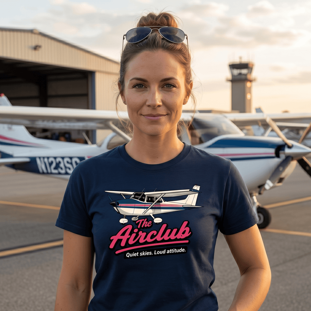 Woman wearing a t-shirt with an airplane graphic and text, standing in front of airplanes at an airport.