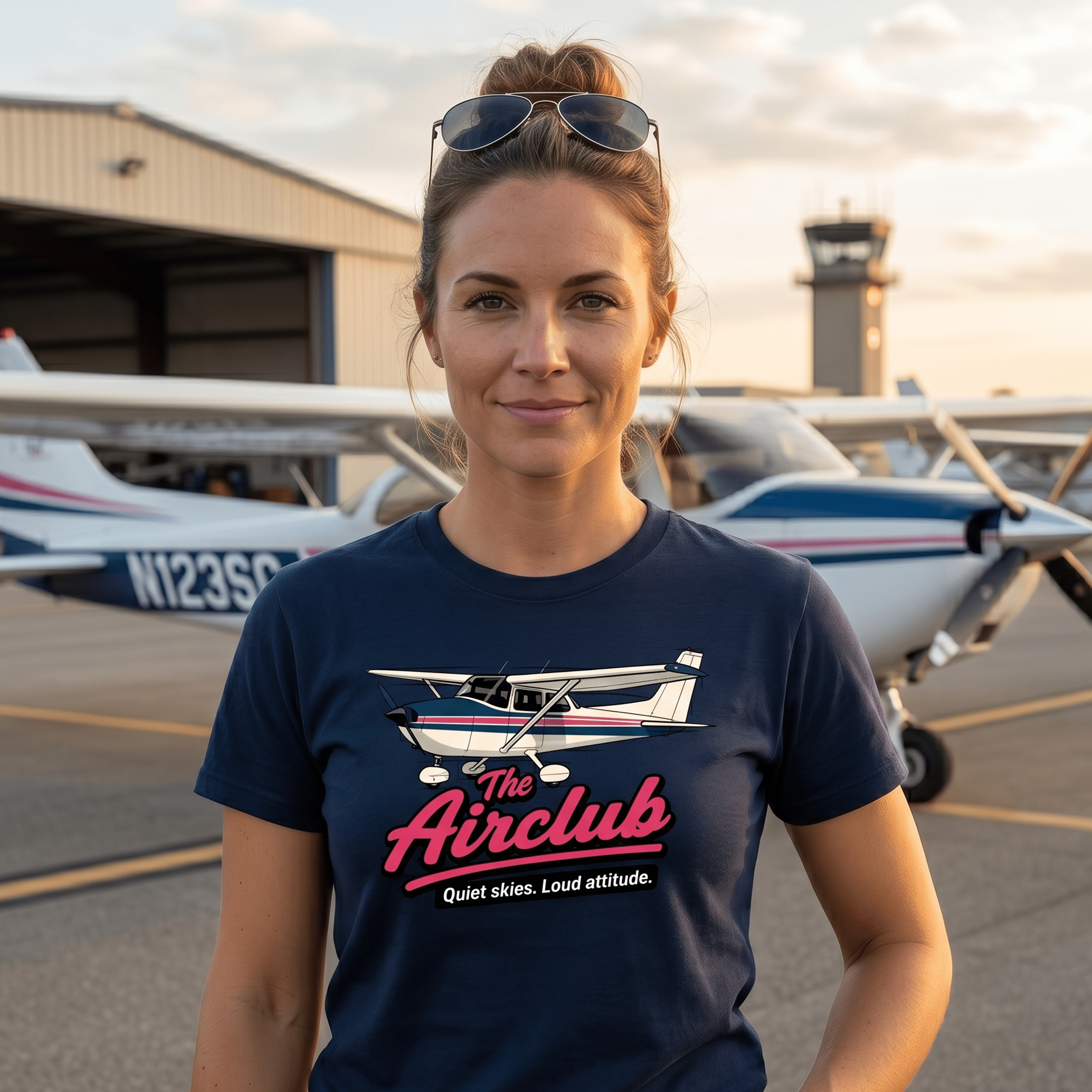 Woman wearing a t-shirt with an airplane graphic and text, standing in front of airplanes at an airport.