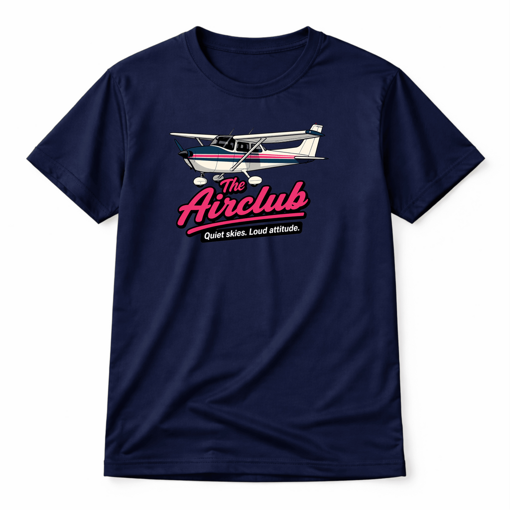 Navy blue t-shirt with airplane graphic and 'The Airclub' text on a white background