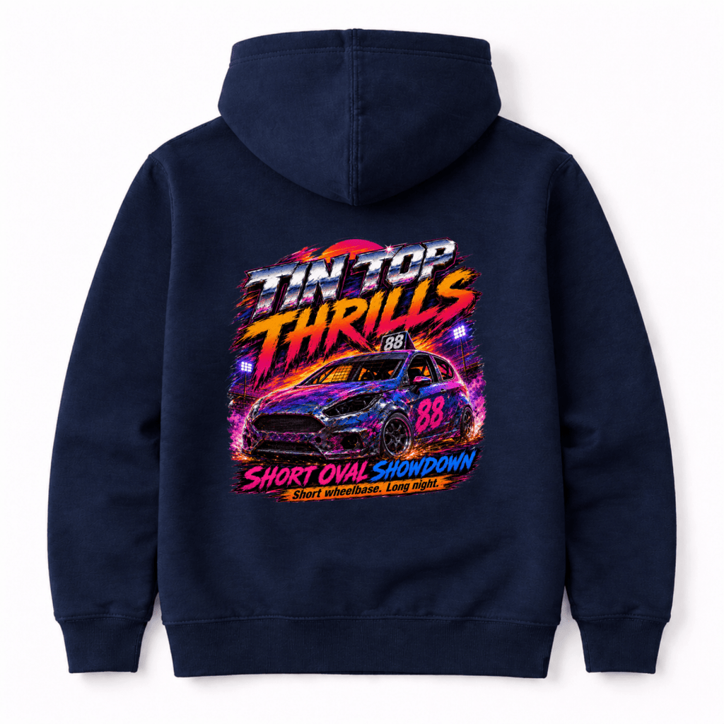 Camberline Tintop Thrills Oval Racing Navy Blue hoodie, back graphic for British oval racing fans