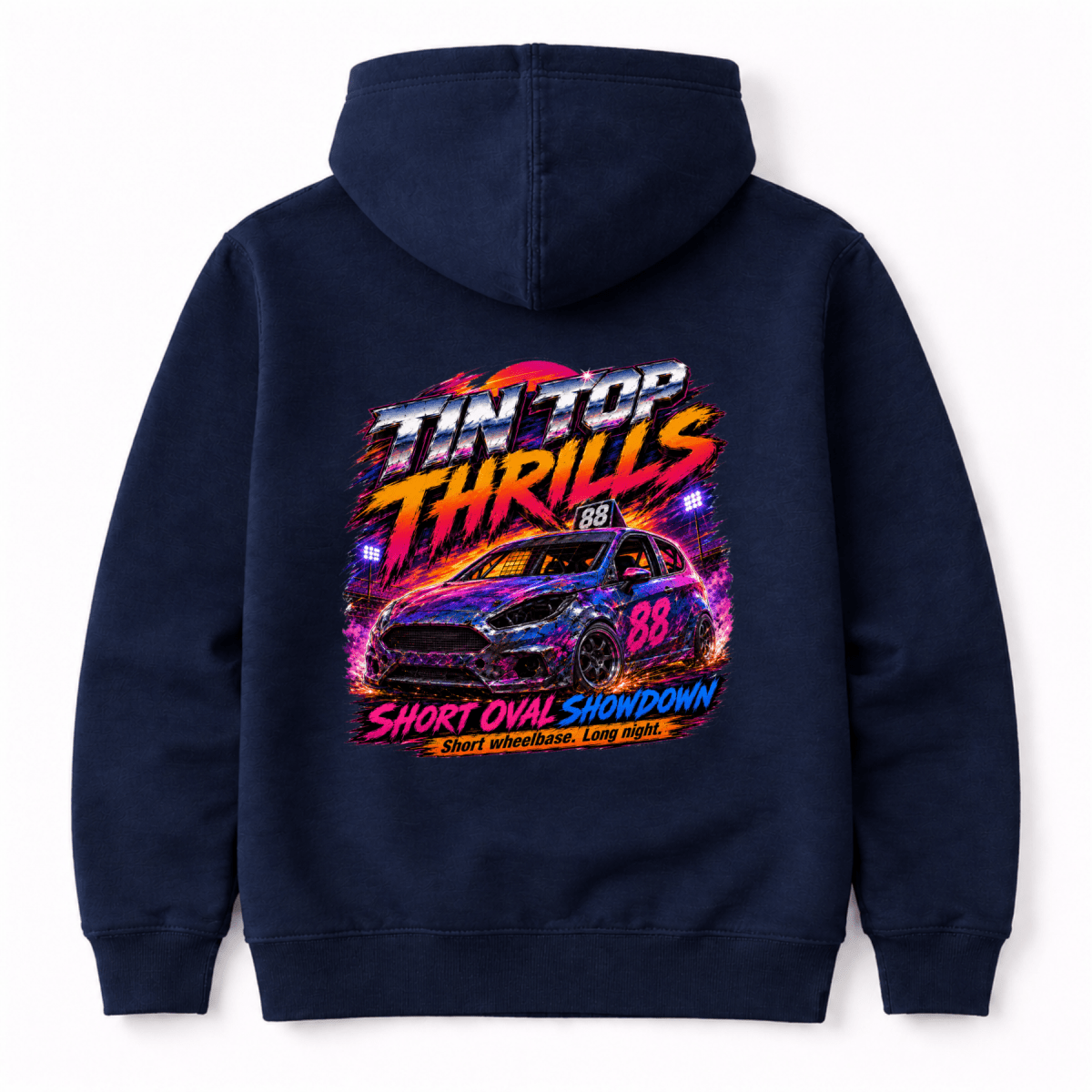 Camberline Tintop Thrills Oval Racing Navy Blue hoodie, back graphic for British oval racing fans