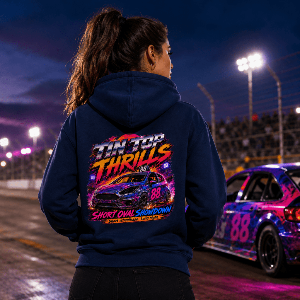 Model wearing Camberline Navy Blue hoodie showing Tintop Thrills Oval Racing British oval racing back graphic