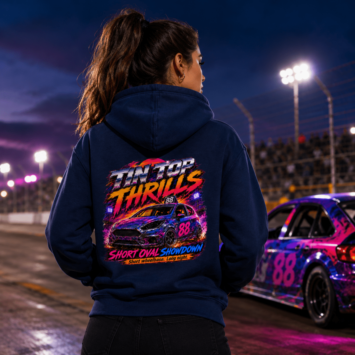 Model wearing Camberline Navy Blue hoodie showing Tintop Thrills Oval Racing British oval racing back graphic
