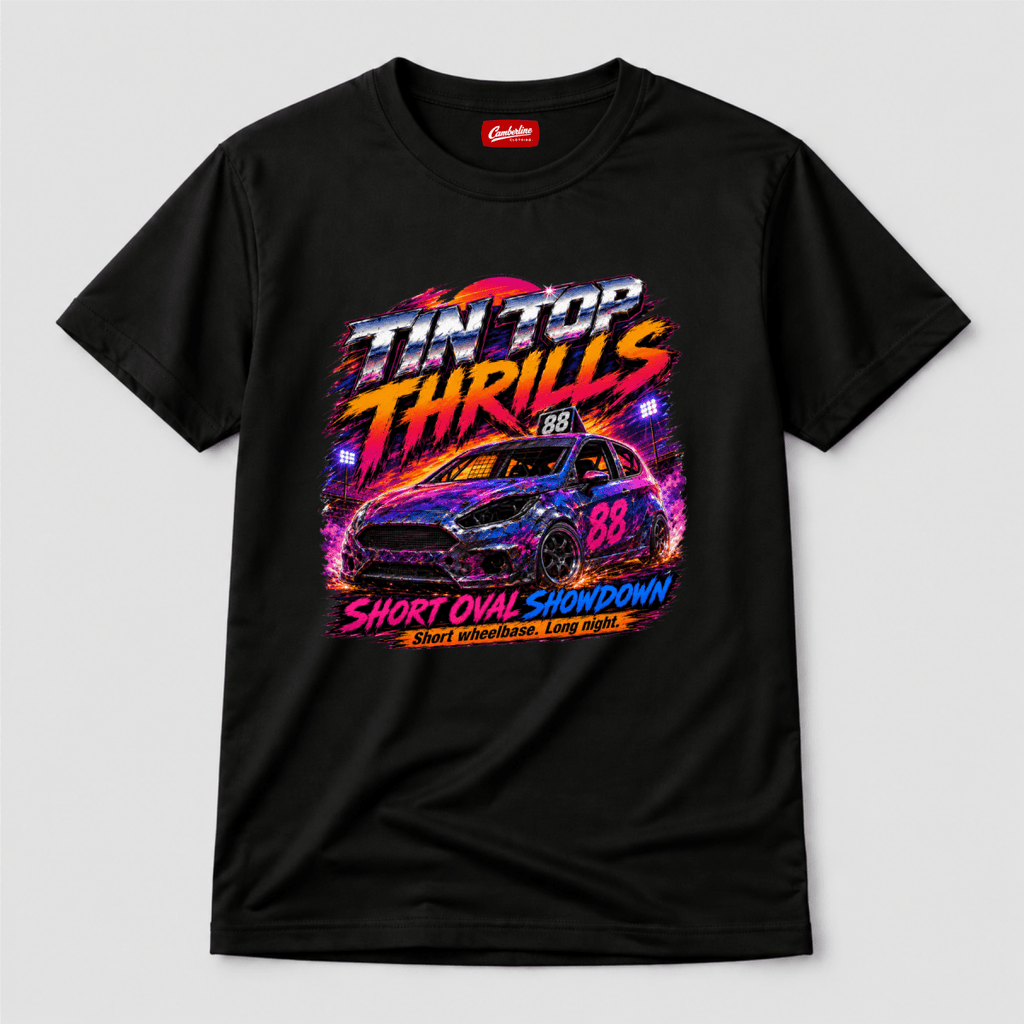 Camberline Tintop Thrills Oval Racing Black t-shirt, front graphic for British oval racing fans