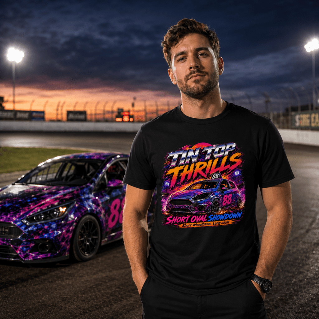 Model wearing Camberline Black t-shirt showing Tintop Thrills Oval Racing British oval racing front graphic