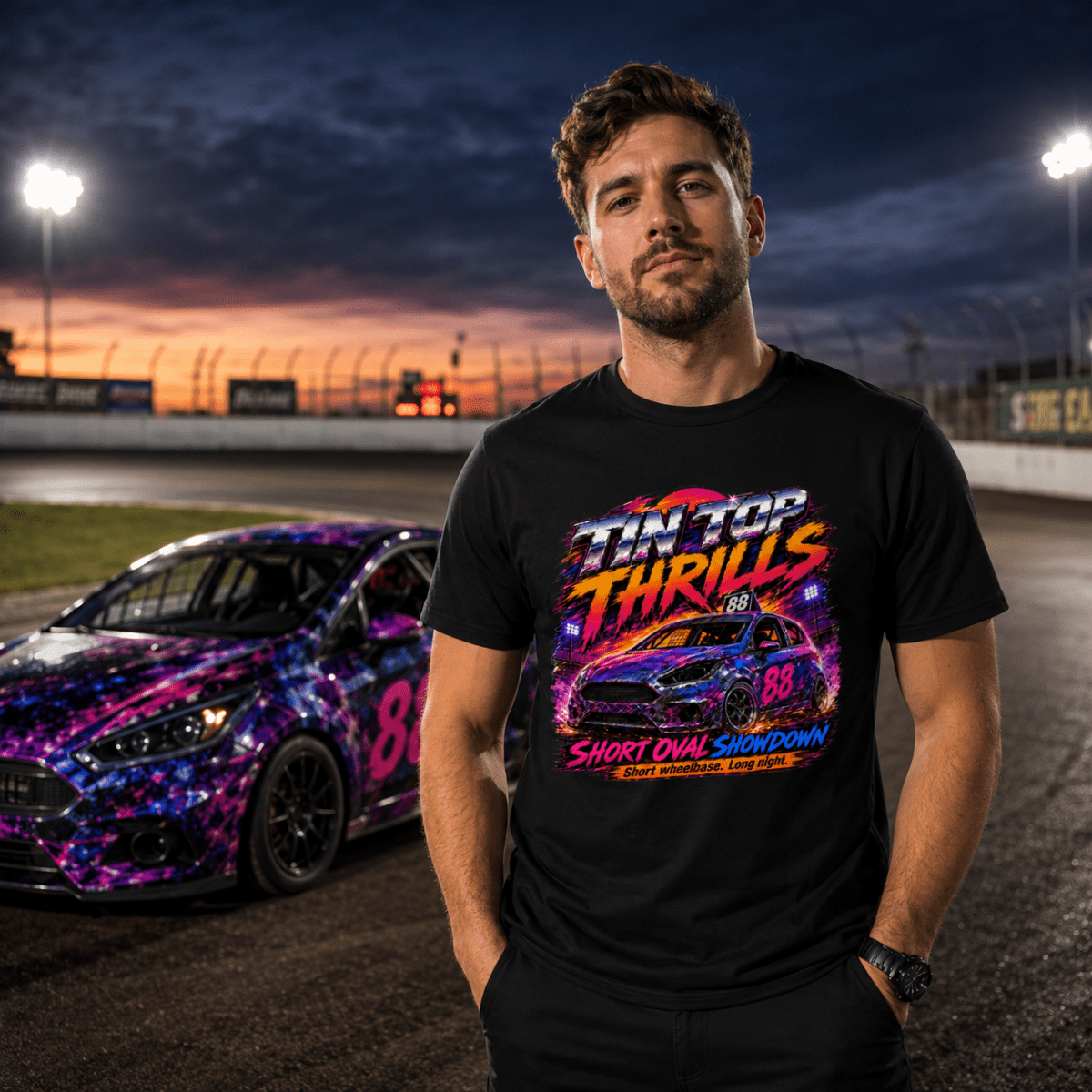 Model wearing Camberline Black t-shirt showing Tintop Thrills Oval Racing British oval racing front graphic
