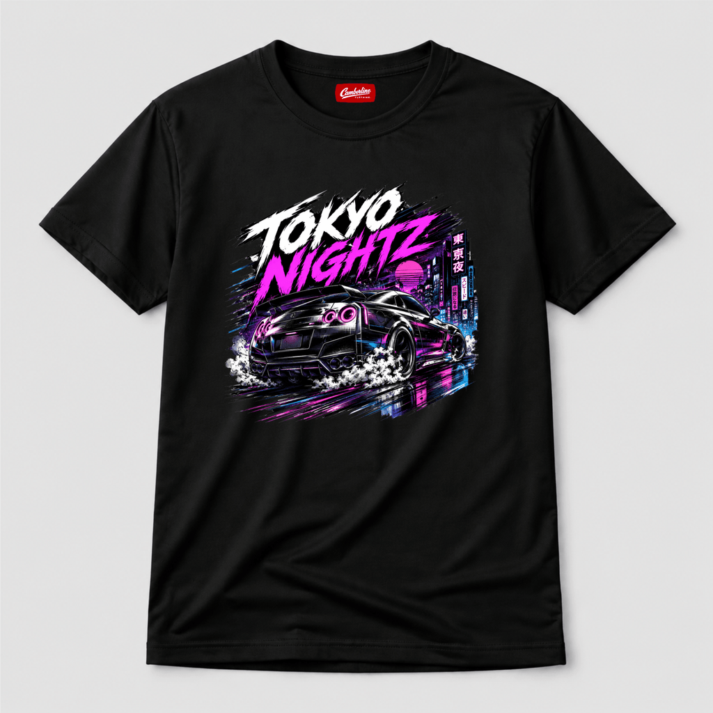 Camberline Cars Tokyo Nightz JDM Drift Neon City T-Shirt in Black showing front graphic