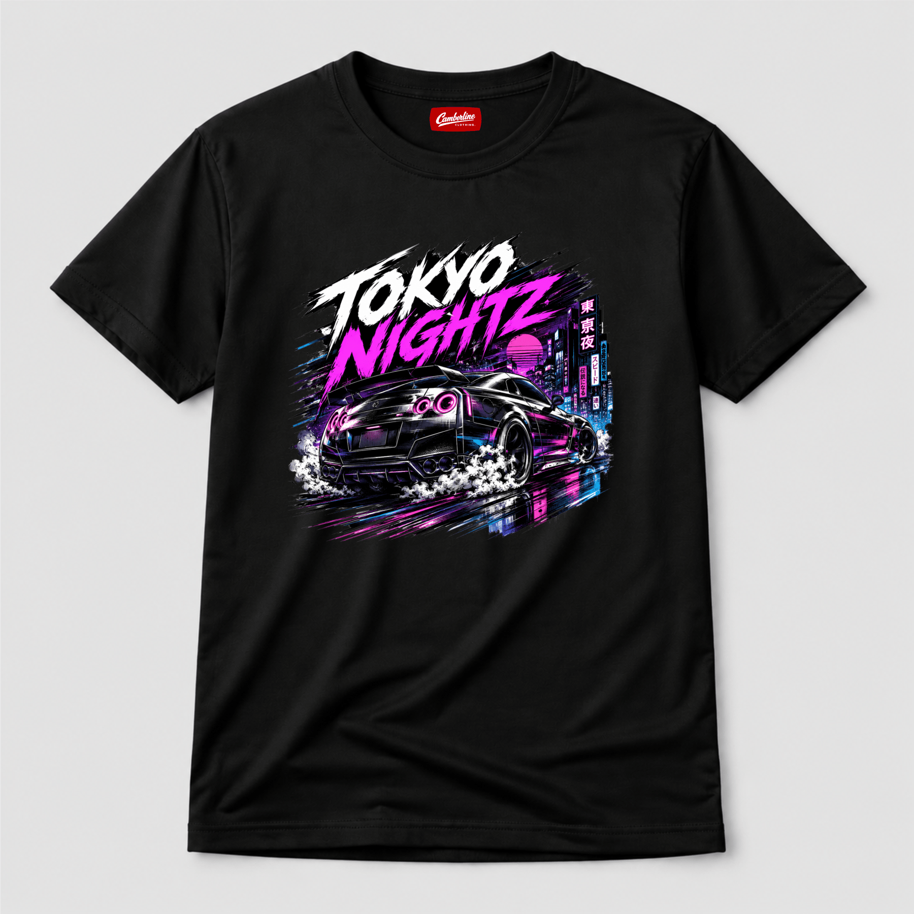 Camberline Cars Tokyo Nightz JDM Drift Neon City T-Shirt in Black showing front graphic
