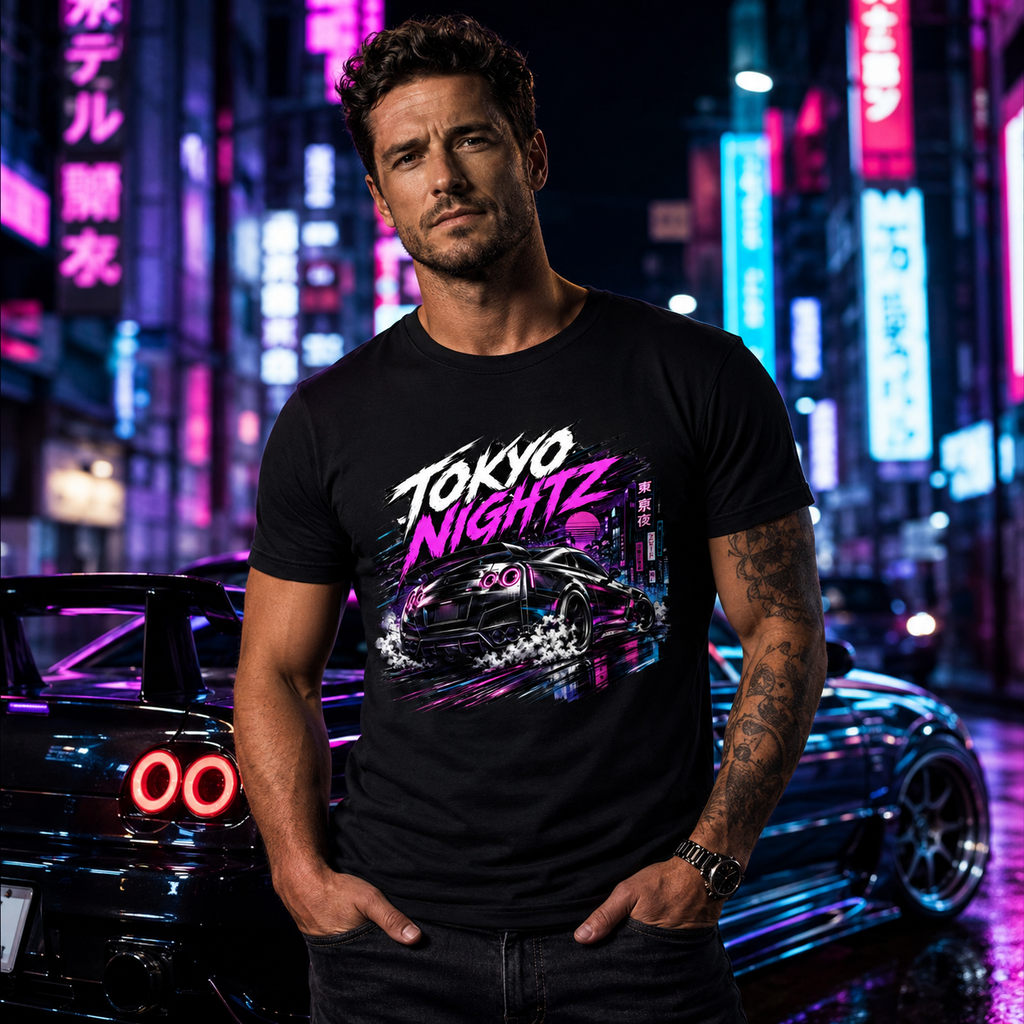 Model wearing Camberline Cars Tokyo Nightz JDM Drift Neon City T-Shirt in Black