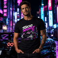 Model wearing Camberline Cars Tokyo Nightz JDM Drift Neon City T-Shirt in Black