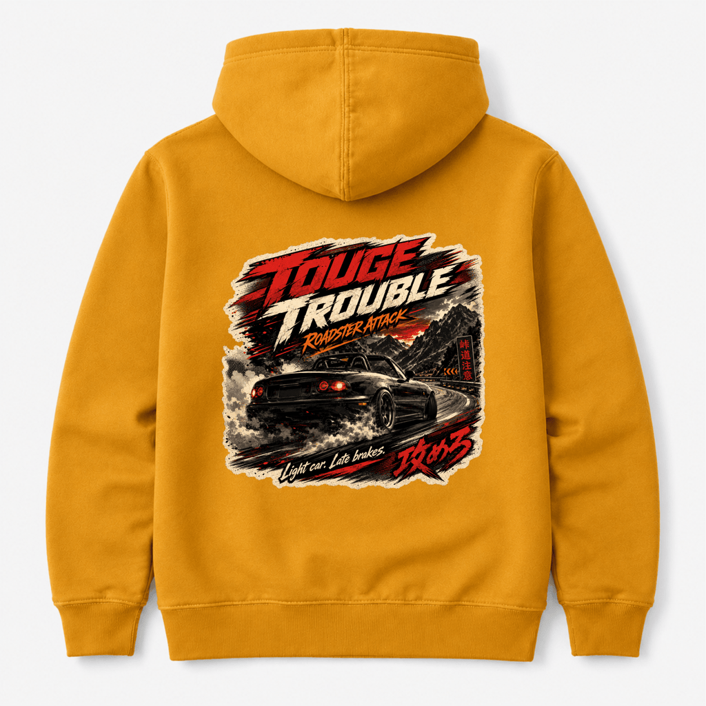 Camberline Cars Touge Trouble Roadster Attack Light Late Brakes JDM Hoodie in Mustard showing back graphic