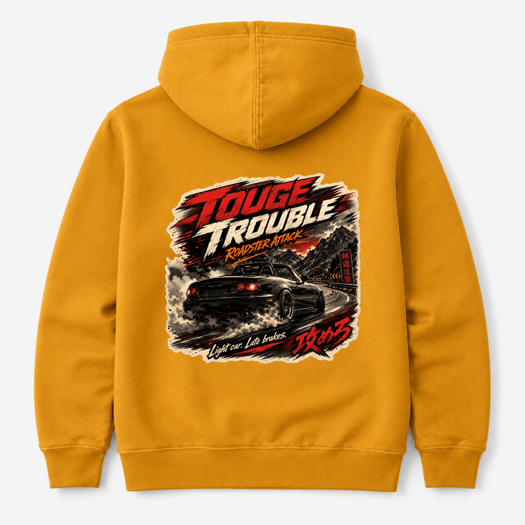Camberline Cars Touge Trouble Roadster Attack Light Late Brakes JDM Hoodie in Mustard showing back graphic