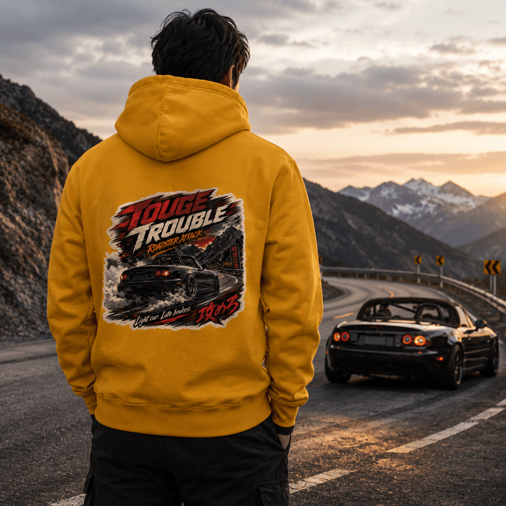Model wearing Camberline Cars Touge Trouble Roadster Attack Light Late Brakes JDM Hoodie in Mustard