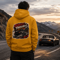 Model wearing Camberline Cars Touge Trouble Roadster Attack Light Late Brakes JDM Hoodie in Mustard
