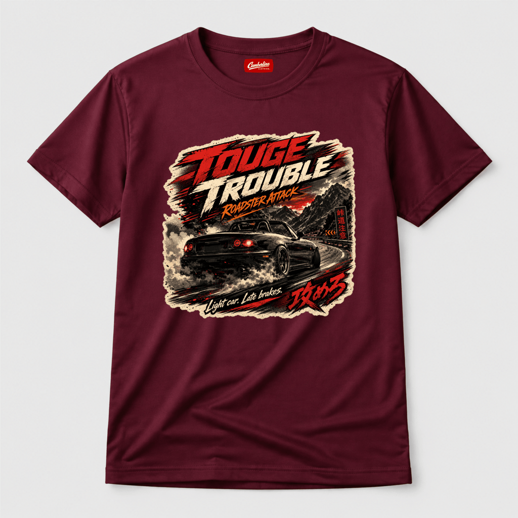 Camberline Cars Touge Trouble Roadster Attack Light Late Brakes JDM T-Shirt in Burgundy showing front graphic