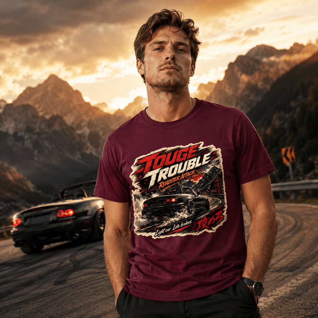Model wearing Camberline Cars Touge Trouble Roadster Attack Light Late Brakes JDM T-Shirt in Burgundy