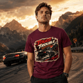 Model wearing Camberline Cars Touge Trouble Roadster Attack Light Late Brakes JDM T-Shirt in Burgundy
