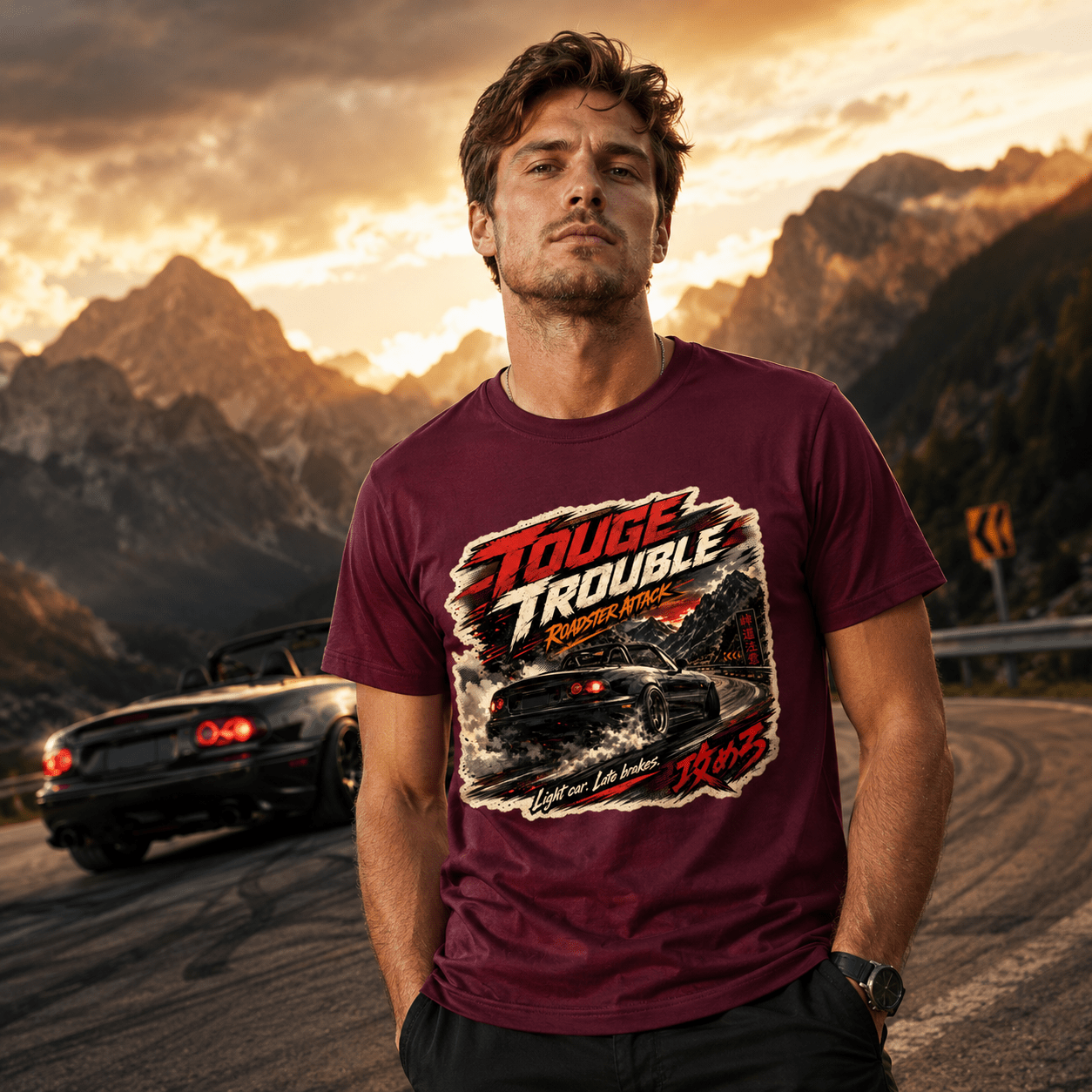 Model wearing Camberline Cars Touge Trouble Roadster Attack Light Late Brakes JDM T-Shirt in Burgundy