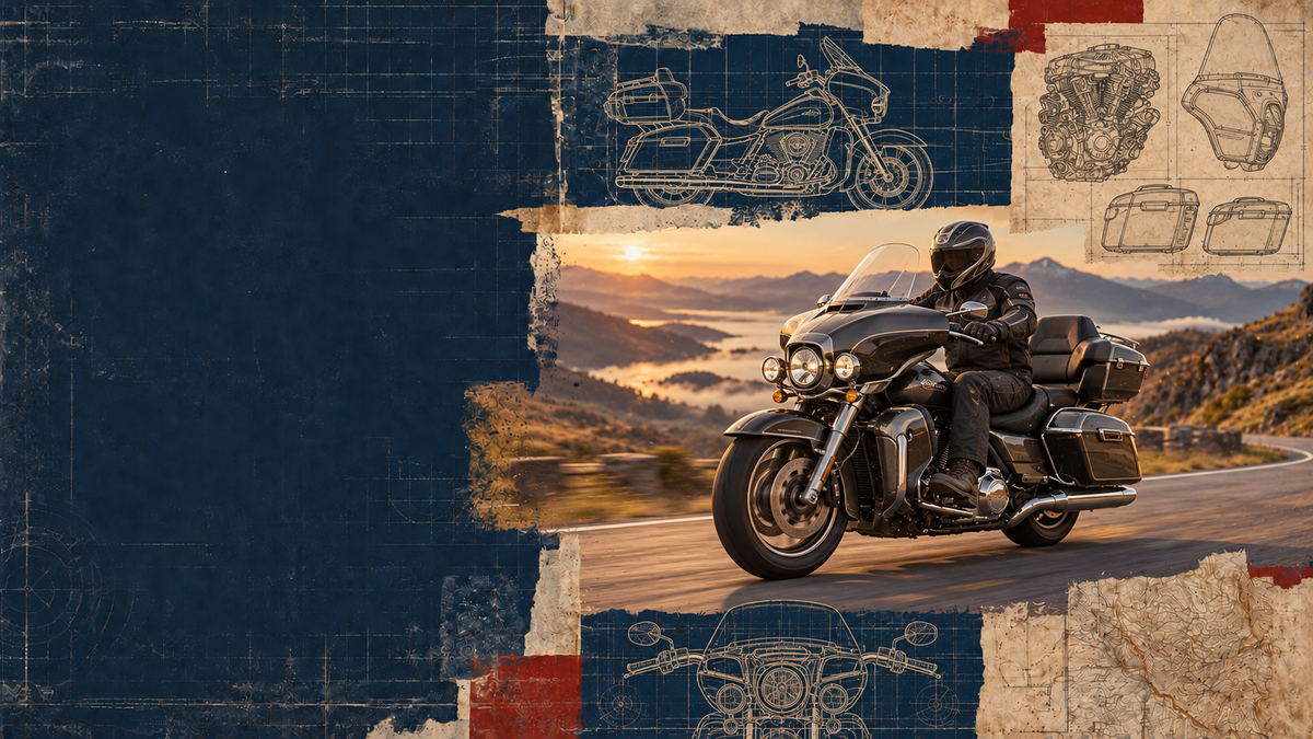 A motorcycle rider in black gear rides a large touring motorcycle on a winding mountain road at sunset. The scene is styled with a collage texture, featuring blue and beige panels, line drawings of motorcycle parts, and the motorcycle itself in the center-right.