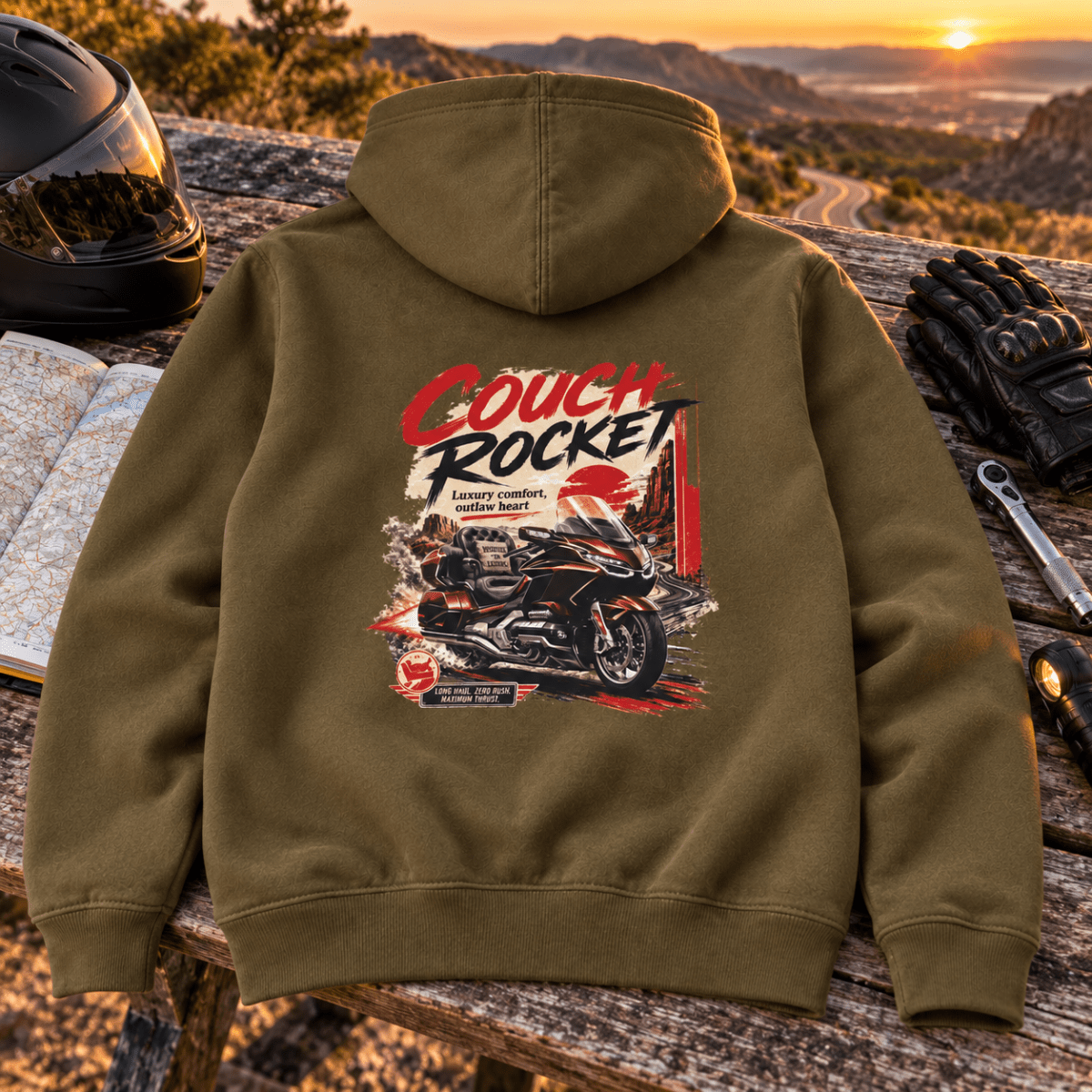 Camberline Touring Motorcycle Graphic Hoodie - Couch Rocket Luxury khaki themed garment hero