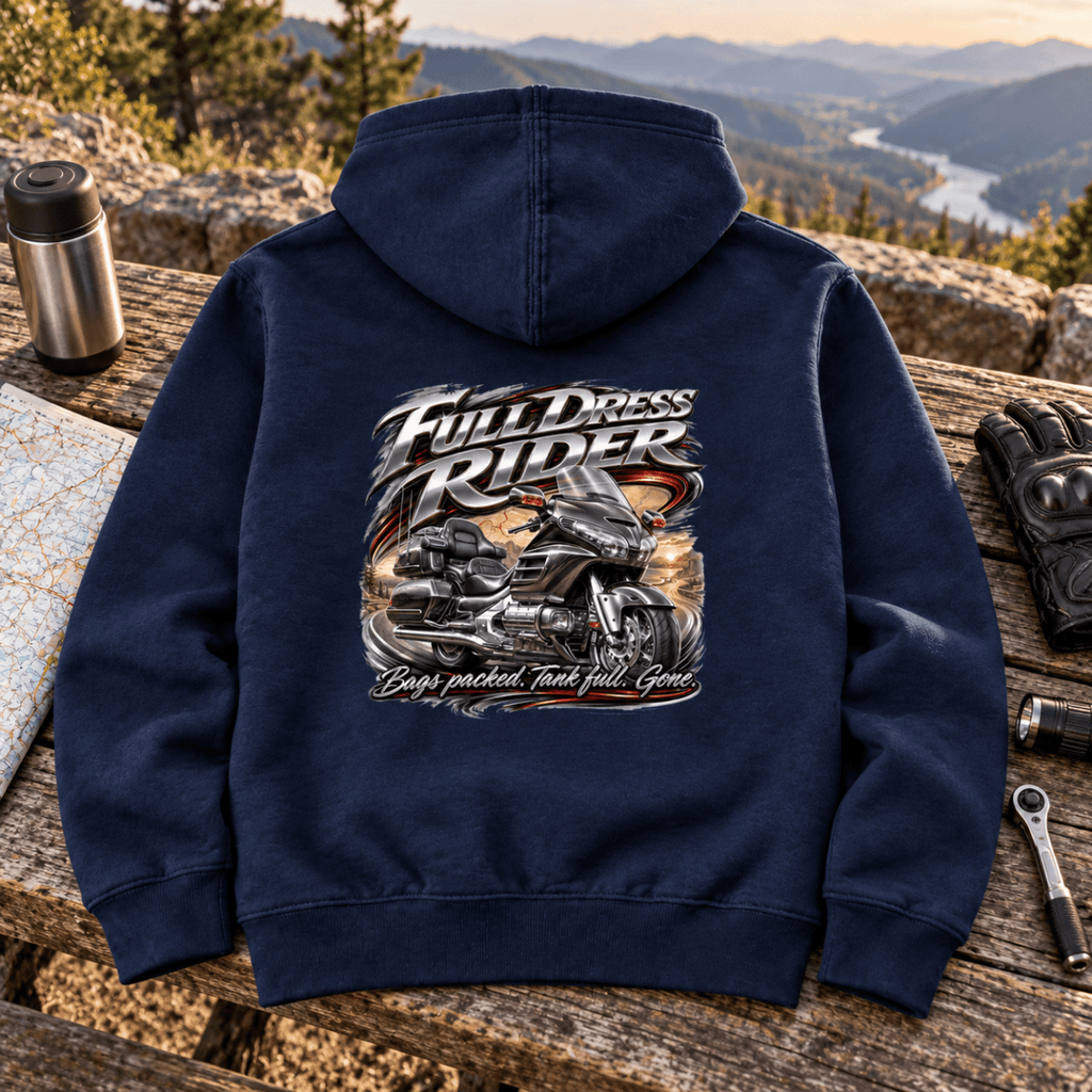 Camberline Touring Motorcycle Graphic Hoodie - Full Dress Long Haul navy themed garment hero
