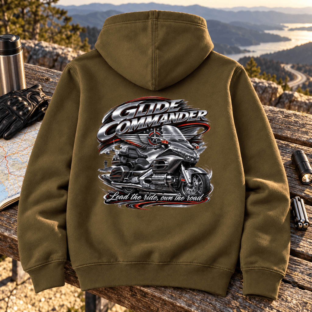 Camberline Touring Motorcycle Graphic Hoodie - Glide Commander Luxury khaki themed garment hero