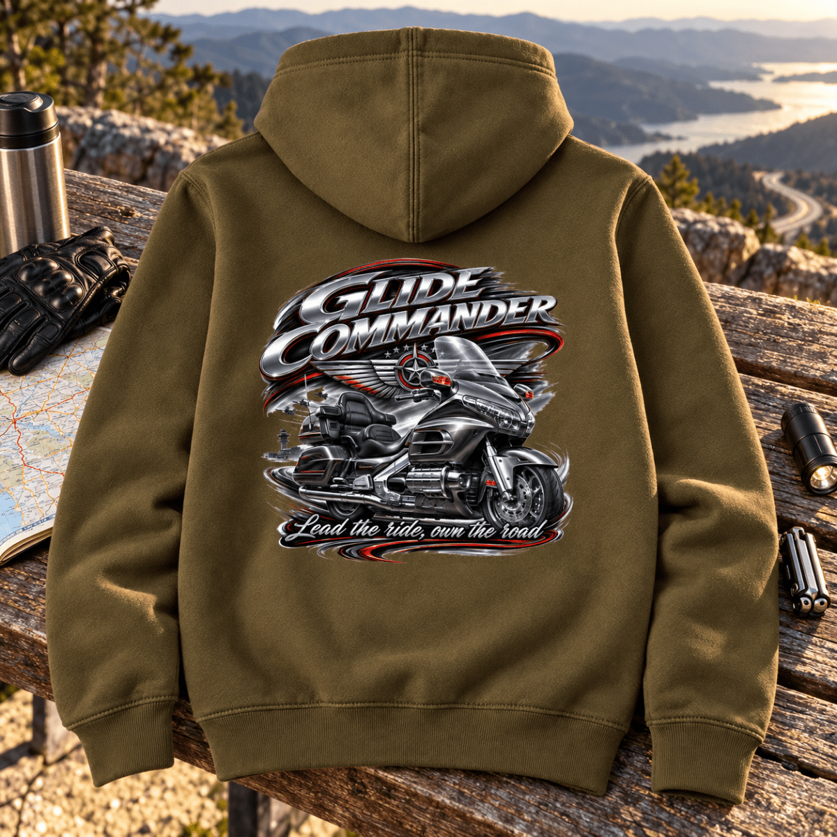 Camberline Touring Motorcycle Graphic Hoodie - Glide Commander Luxury khaki themed garment hero