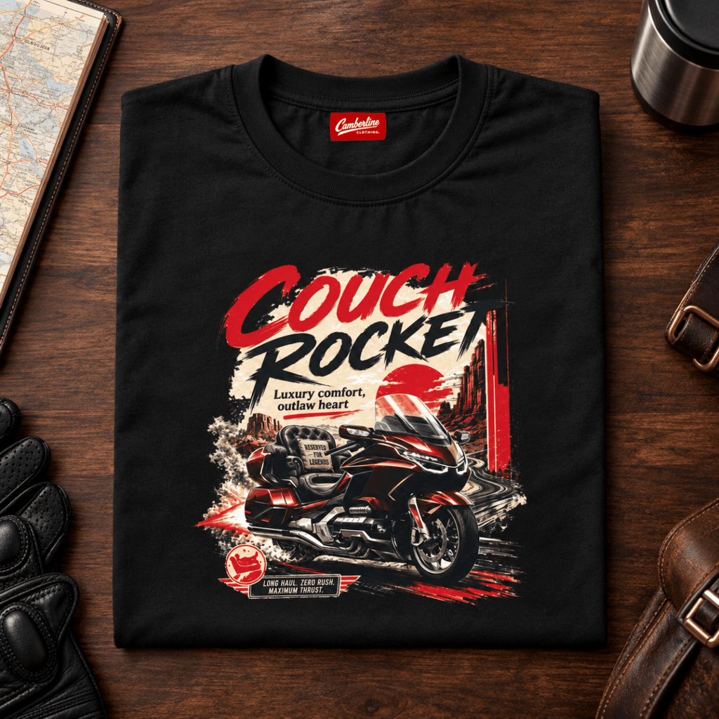 Camberline Touring Motorcycle Graphic T-Shirt - Couch Rocket Luxury black themed garment hero