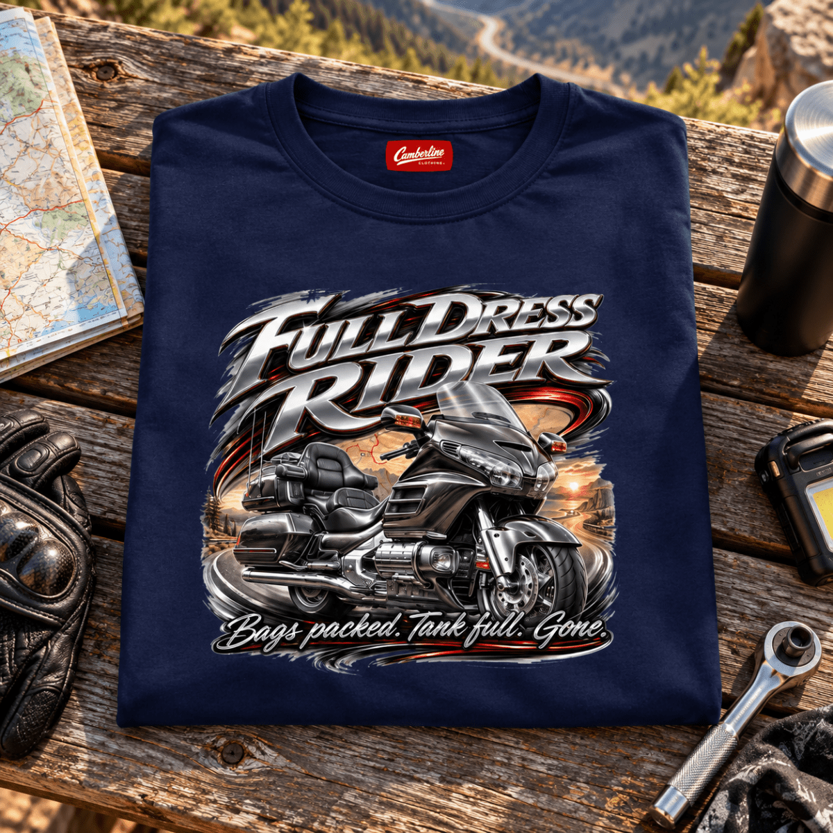 Camberline Touring Motorcycle Graphic T-Shirt - Full Dress Long Haul navy themed garment hero